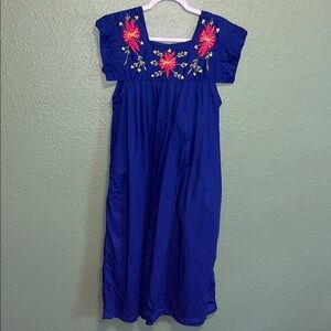 Vintage Blue Floral Embroidered Dress Mumu Hawaiian Tropical Flowers Hibiscus